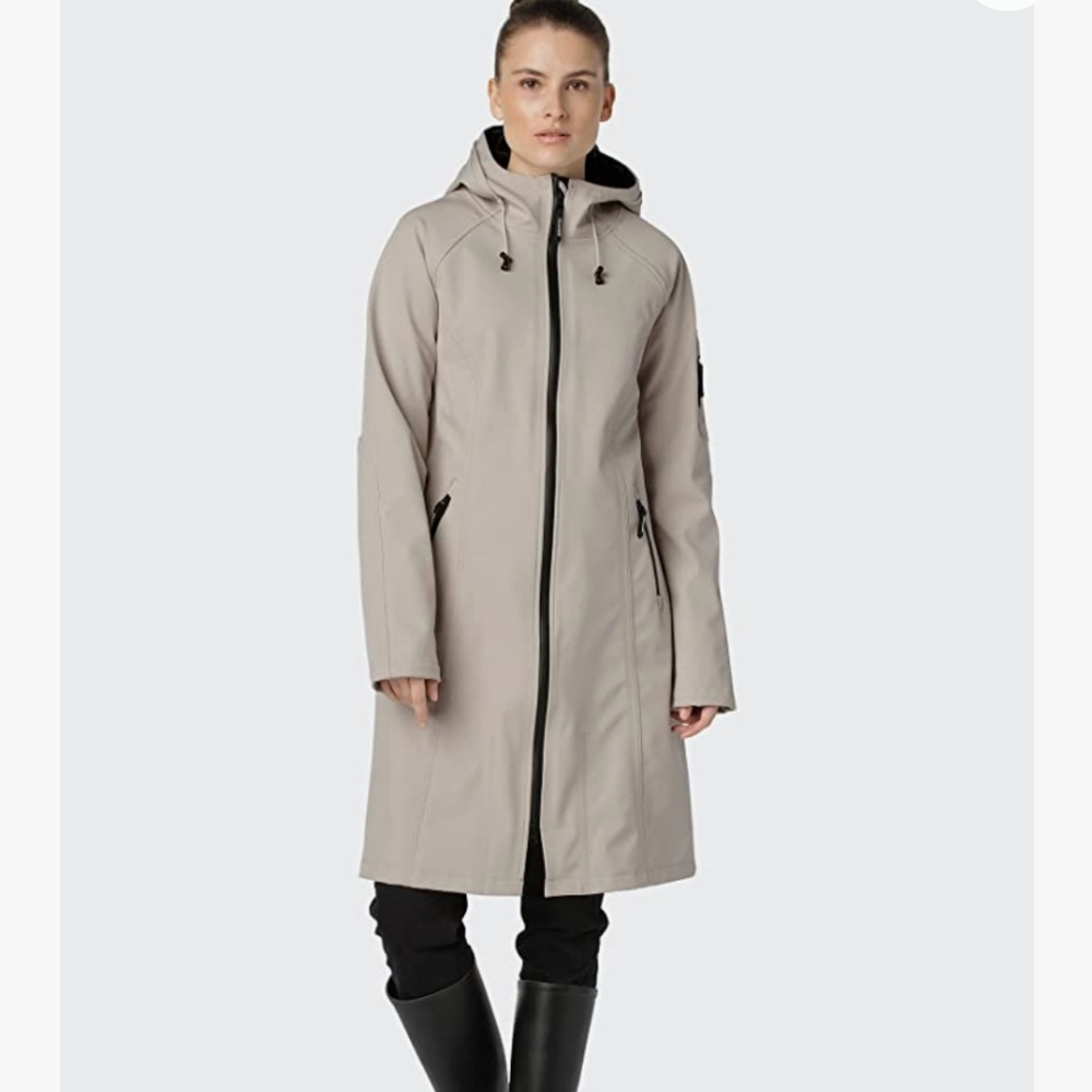Raincoat by Ilse Jacobsen Hornbaek Long Tan Hooded Zip Jacket 42/ 14 Breathable